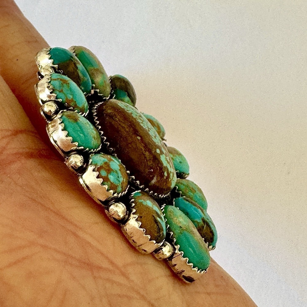 HUGE Navajo Cluster Ring Sz 7 Turquoise #8 Mine Sterling Signed Spencer Native‎ - Picture 5 of 9